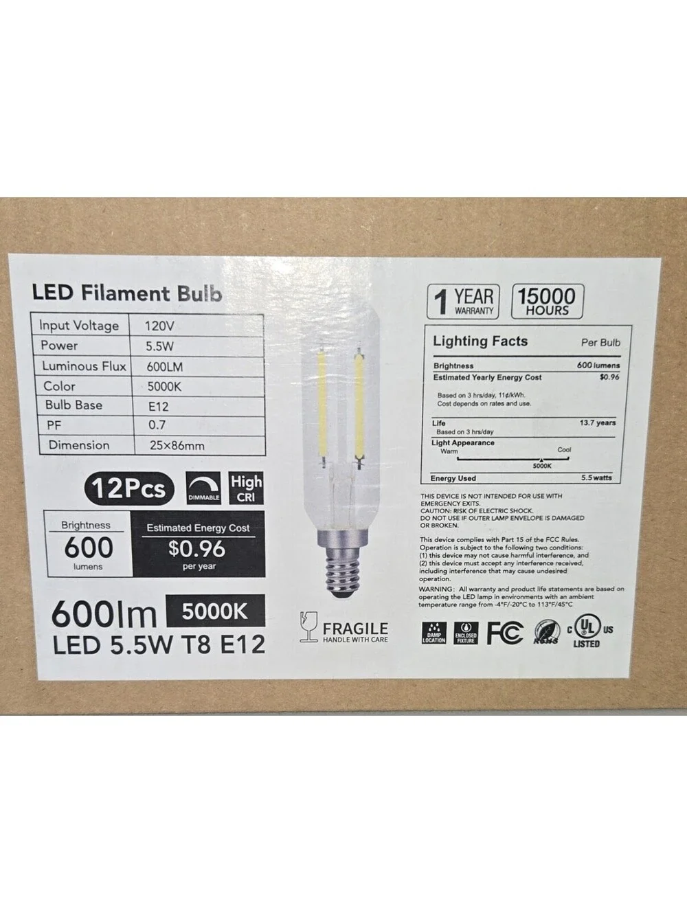 TJOY Led Light T8 E12 120V 5.5W 600LM